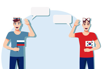 Men with Russian and South Korean flags. Background for text. Communication between native speakers of Russia and South Korea. Vector illustration.
