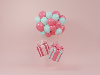 podium background with 3d realistic pink heart and air balloon gift box bubble speech pastel romantic