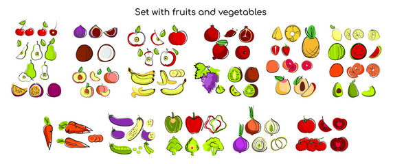 Set with fruits and vegetables, careless, hand drawing 