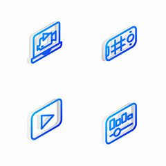 Set Isometric line Selfie on mobile, Online play video, Play button and Music equalizer icon. Vector