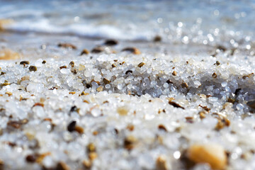 Close up of salt background. Natural salt. Dead Sea salt mineral natural formations. Salt crystals from Dead sea. View of Dead Sea coastline. Texture of Dead sea. Salty seashore rocks