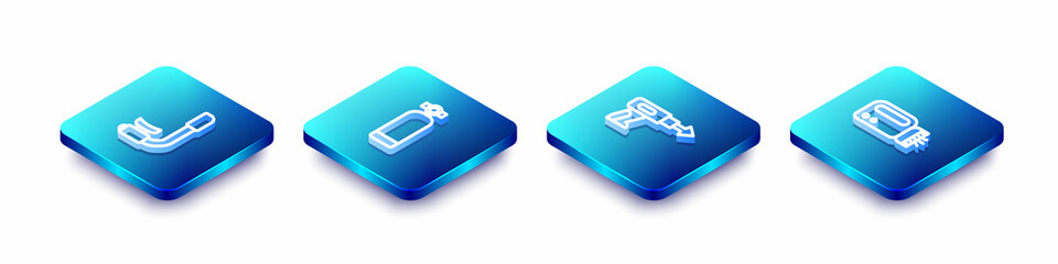 Set Isometric line Snorkel, Aqualung, Fishing harpoon and Flashlight for diver icon. Vector