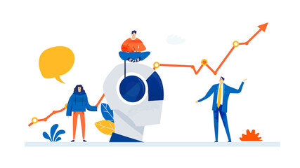 Humans build the robot. Successful business people and artificial intelligence. People meets robots, learning to work together with robots. 