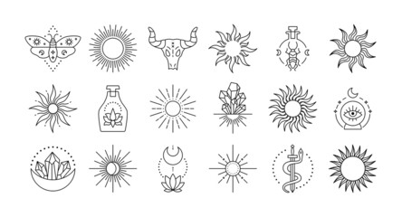 Mystic logo. Line astrology and spiritual collection of magic sun hands Moon and crystal graphic elements. Vector set