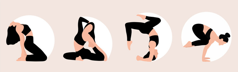 Yoga pose on a light background with white shape - Bundle of different yoga pose - Woman practicing yoga - Vector illustration - obrazy, fototapety, plakaty
