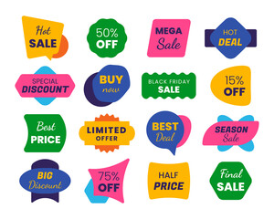 Retro stickers. Design pack of retro looking sale and discount banners, price tag and product label. Vector graphic set