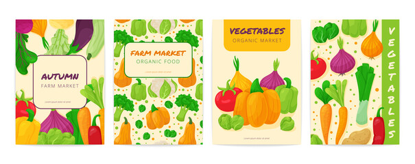 Vegetable banner. Posters with cartoon fresh vegetable patterns and place for text, healthy vegetarian organic food. Vector set