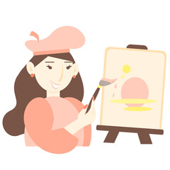 Vector illustration of a young brunette woman in a pink beret with a brush near the easel. Artist. Isolated. 