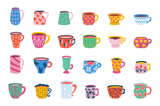 mug. Cartoon ceramic cup with different beverage collection, coffee tea and drinks in cups with simple floral ornaments. Vector set