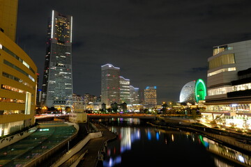 Night view reflected on the surface of the water in Yokohama