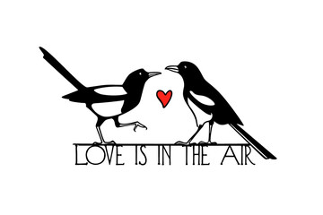 Vector romantic card with hand drawn cute Magpies couple in love. Ink drawing, graphic style. Beautiful Valentine's day celebration card, animal design elements. - obrazy, fototapety, plakaty