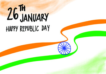 26TH JANUARY INDIAN REPUBLIC DAY MINIMAL, HAND DRAWN ILLUSTRATION WITH COUNTRY FLAG ON WHITE BACKGROUNG