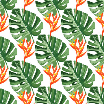 Seamless pattern with monstera leaves and heliconia flowers. Natural realistic background.
