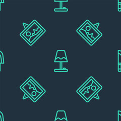 Set line Table lamp, Picture and Knife on seamless pattern. Vector