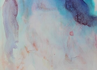 Red and blue watercolor background. Transparent lines and spots. Paint leaks and ombre effects. Abstract hand-painted image.