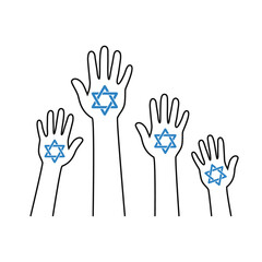 Hands up with a star of David. Raising hands with Magen David. Vector illustration.