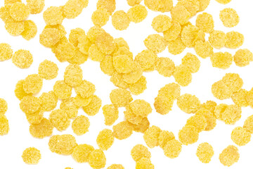 Corn flakes or cornflakes on white background. Popular morning breakfast cereal. Top view