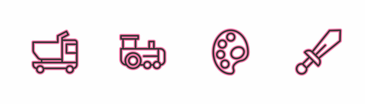Set line Toy truck, Palette, train and Sword toy icon. Vector