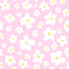 Retro daze flower power ditsy daisy seamless repeat pattern. Random placed, distracted vector flower all over surface print.