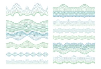 Money watermark pattern. Guilloche lines seamless ornamental borders and dividers. Diploma and certificate security. Voucher or banknote protective stripes. Vector decoration elements set - obrazy, fototapety, plakaty