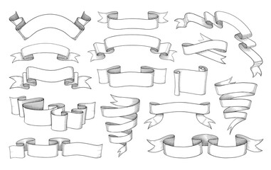 Vintage banner. Scroll ribbon sketch. Retro antique decorative element for books and stickers. Hand drawn ancient empty labels. Waving classic flag placards. Vector engraving tapes set
