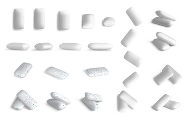 Realistic chewing gum. White 3D bubblegum mint pill mockup. Peppermint candy for fresh breath. View from different angles on menthol freshener dragee. Vector dental care products set