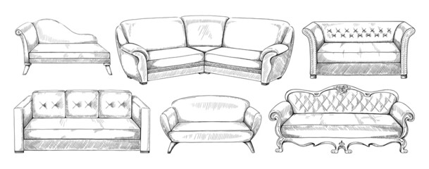 Sofa sketch. Hand drawn furniture for sitting. Interior freehand couch drawing collection. Engraving soft seats. Comfortable house armchairs. Vector apartment furnishing elements set © SpicyTruffel