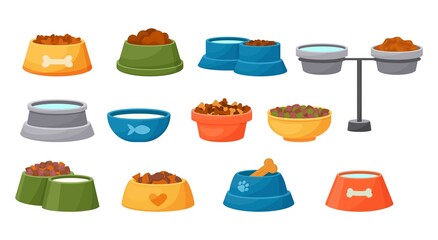 Pet food bowl. Cat and dog cartoon containers with wet and dry meal, water and milk. Canine or feline feed dishes. Kittens or puppies accessories. Vector domestic animals feeding plates set