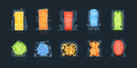 Cartoon portals. Magic fantasy game teleports. Circle and square teleportation doors. Archway or doorway with colorful lighting auras. Vector gates set for transition between dimensions - obrazy, fototapety, plakaty