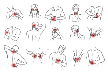 Fototapeta Body pain icon. Human muscle neck back joint and elbow chronic ache. Painful symptoms of disease. Inflammation and injury points. Medical infographic. Vector anatomy sketch isolated set obraz