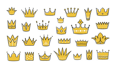 Hand drawn crown. Doodle king and queen symbol. Royal graphic elements. Yellow emperor headwear sketch. Prince and princess gold tiara. Vector monarch coronation jewelry headdresses set