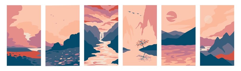 Nature scene posters. Cartoon landscape placards with forest mountains and lake. Scenic rocks and sky. Cliff panoramas. River with waterfall scenery. Vector adventure backgrounds set