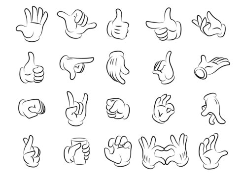 Cartoon hand gestures. Human character body parts with emotion expressions. Arm fingers and fist clipart sketch. Isolated palms in gloves pointing or gesturing. Vector limbs poses set