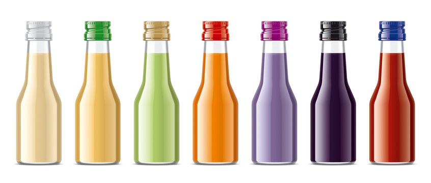Set of Glass Bottles with non-transparent Juices. 