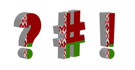 World countries. 3D Question- mark, exclamation- mark and hashtag in colors of national flag. News clip art set on white background. Belarus