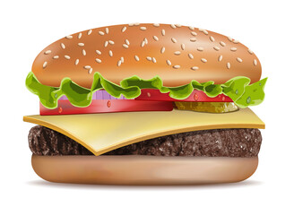Hamburger. Classic Burger. American Cheeseburger with Lettuce Tomato Onion Cheese Beef and Sauce Close up isolated on white Background. Fast Food