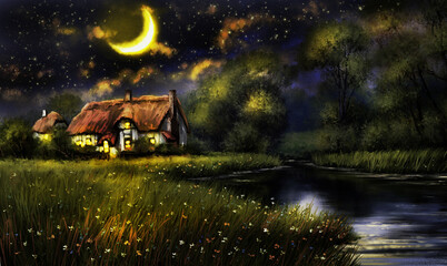 Oil paintings rural landscape, old village, house in the woods, house at night