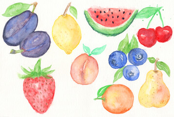 Watercolor Painting Sweet Fruits set, strawberry, plum, watermelon, cherry, peach, pear, lemon, blueberry