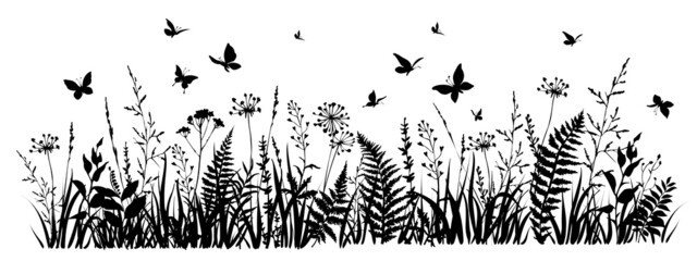 Meadow herbs and flying butterflies. Flowering summer or spring field. - obrazy, fototapety, plakaty