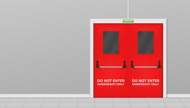 Fire Exit Realistic Vector Illustration. Red Metallic Emergency Door For Evacuate Leave Building