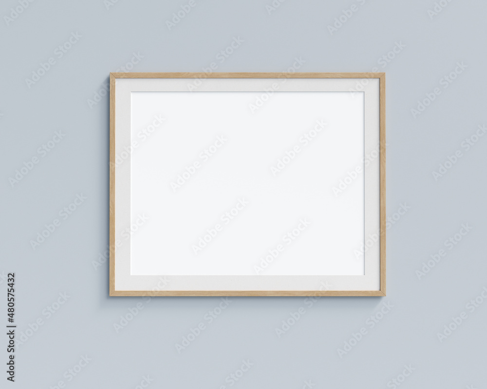 Poster horizontal picture frame mock up hanging on pastel painted wall. 3d render. 3d illustration.