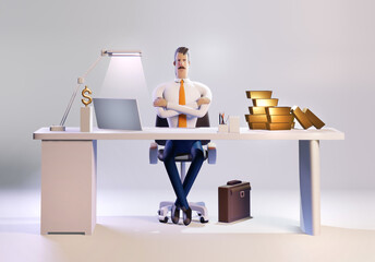3D rendering illustration. Successful banker working by his desk. Business man and golden ingots.  Office working environment.