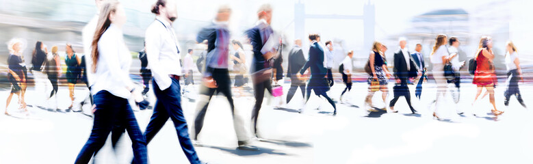 Abstract background with walking people blur. Modern city life, busy people rush hours, motion blur.