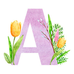 Watercolor composition from the letter A with floral elements tulips and twigs for the design and decoration of texts, congratulations, scrapbooking, invitations