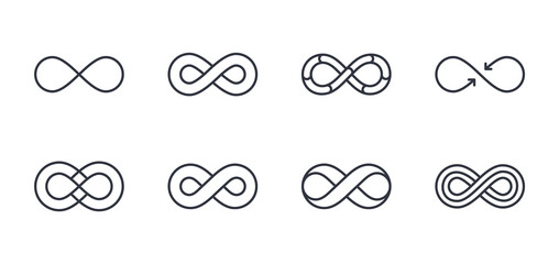 Vector infinity icons. Editable stroke. The symbol of the unlimited in mathematics, space. Set of different lines of shapes. Black geometric elements on a white background. Stock thin illustration