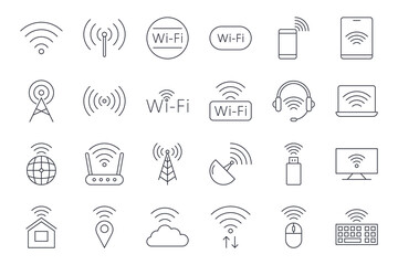 Vector Wi-Fi icons. Editable stroke. Wi-Fi internet connection symbol. PC tablet satellite router cloud storage. Mouse keyboard flash drive geo monitor data exchange. Stock thin illustration - 480575887