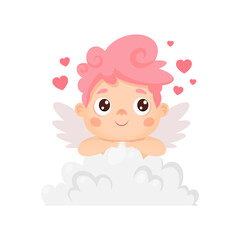 Cute cupid sitting on a cloud. Vector cartoon character for Valentine's day