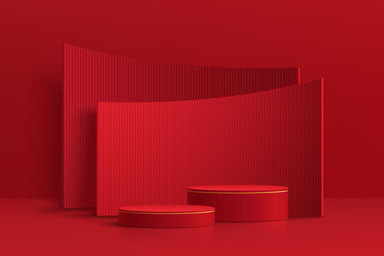 Realistic dark red and gold 3D cylinder pedestal podium with red arch shape backdrop. Minimal scene for products showcase, Promotion display. Abstract studio room platform. Happy lantern day concept.