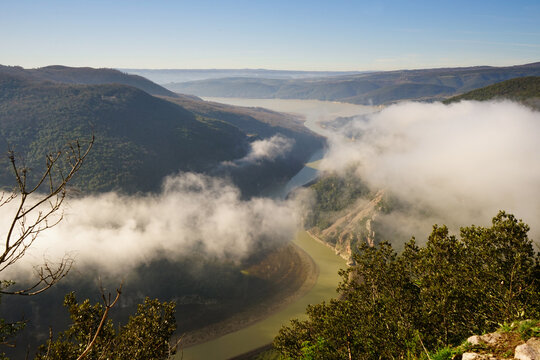Corbara Lake view over the clouds in a winter morning, Titignano, Orvieto, Terni, Umbria, Italy