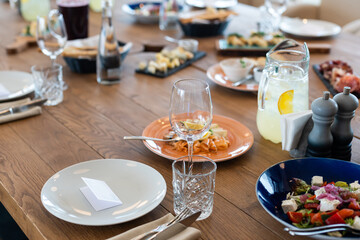 delicious dishes on the table in the restaurant. serving table. sharpness in the middle of the table